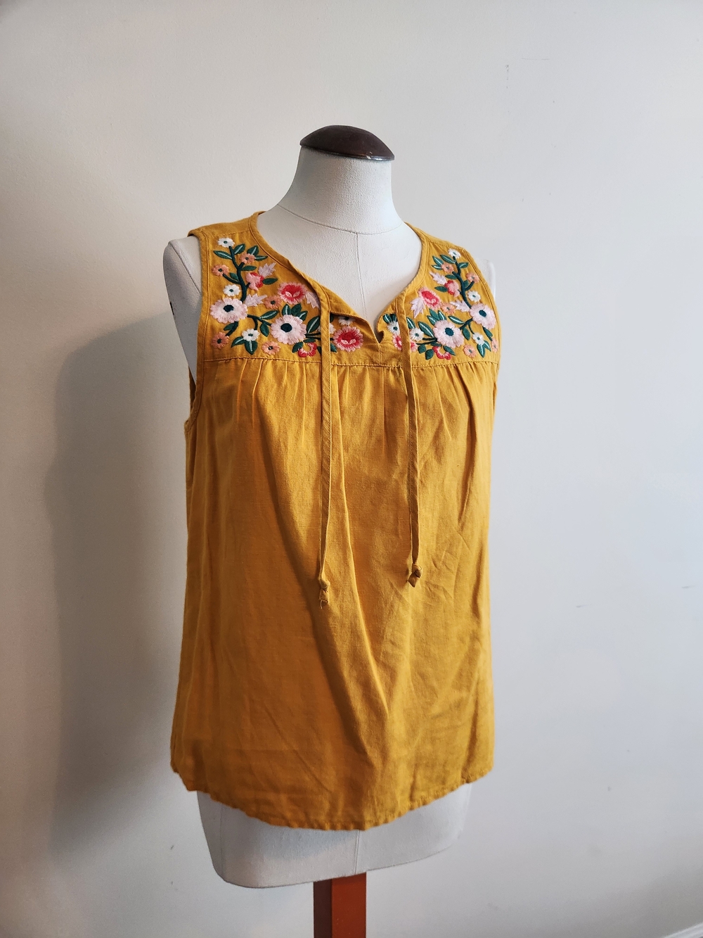 J. Crew Mustard Yellow Sleeveless Embroidered Yoke Tank